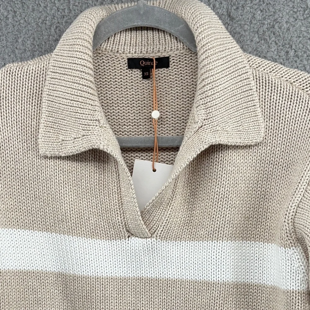 Quince Cream and White Striped V-Neck Sweater - Picture 8 of 15